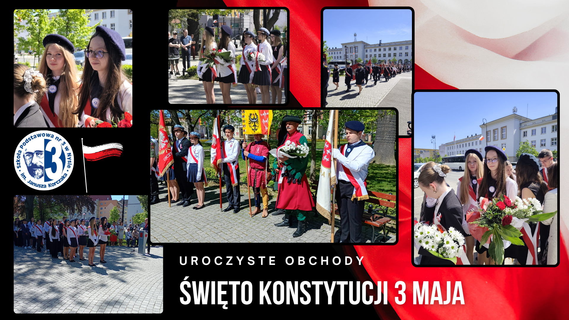 Kolaż zdjęć przedstawiający uczniów i poczet sztandarowy podczas miejskich obchodów świat majowych.