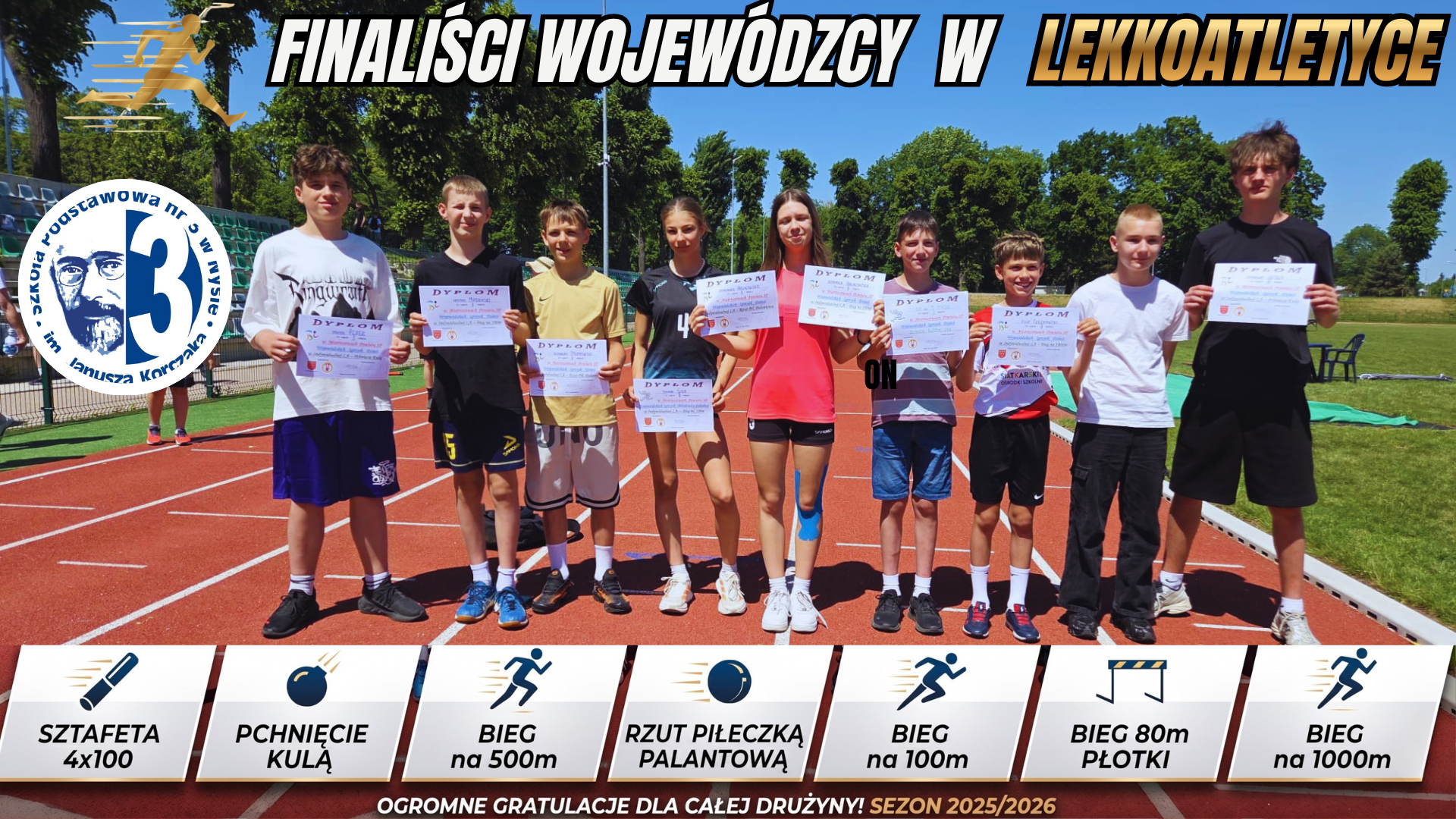Kolaż zdjęć przedstawiający uczniów podczas zawodów lekkoatletycznych.