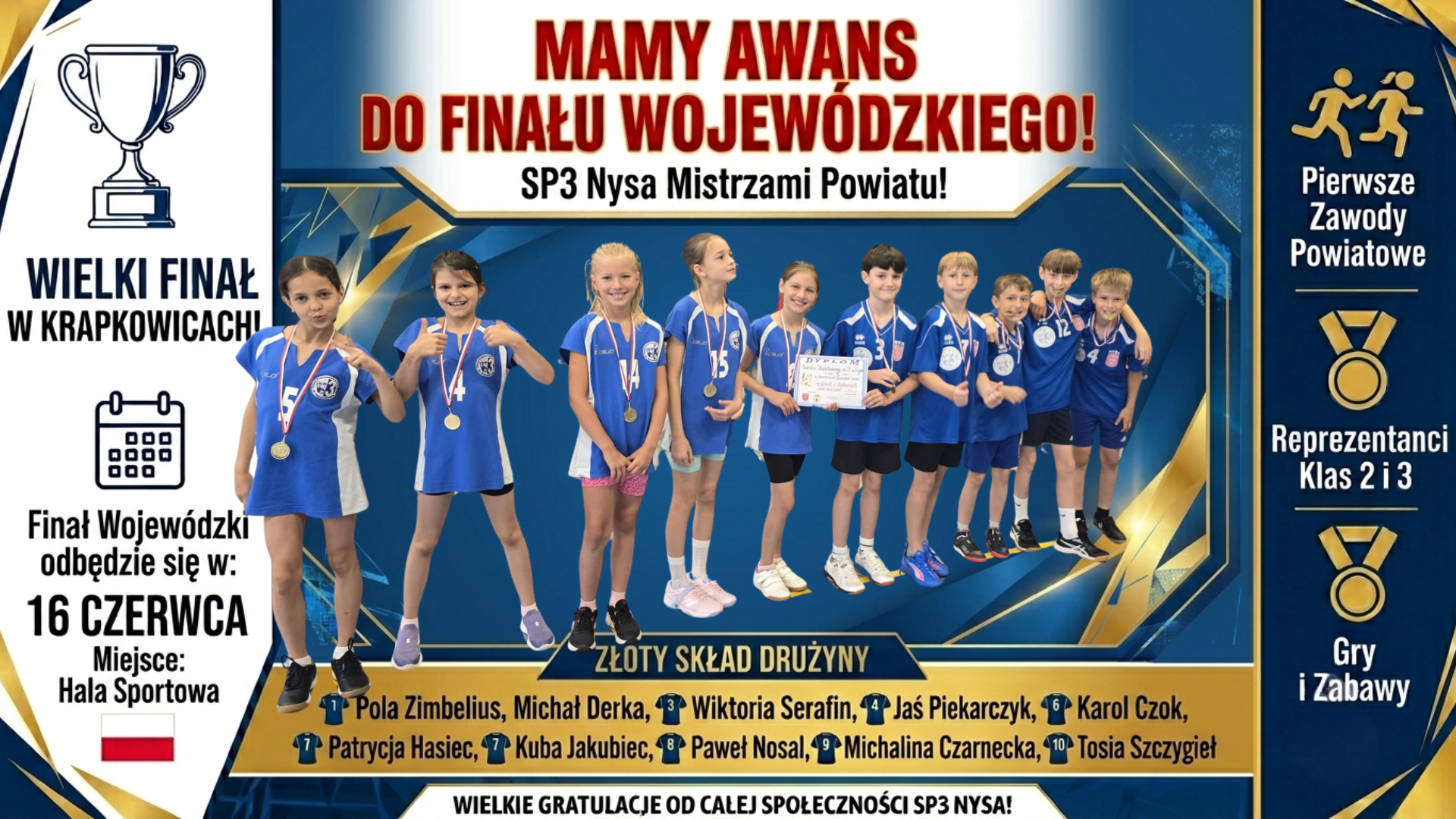 Grafika przedstawiająca uczniów klas 2 i 3 - zwycięzców w Mistrzostwach Powiatu w grach i zabawach.