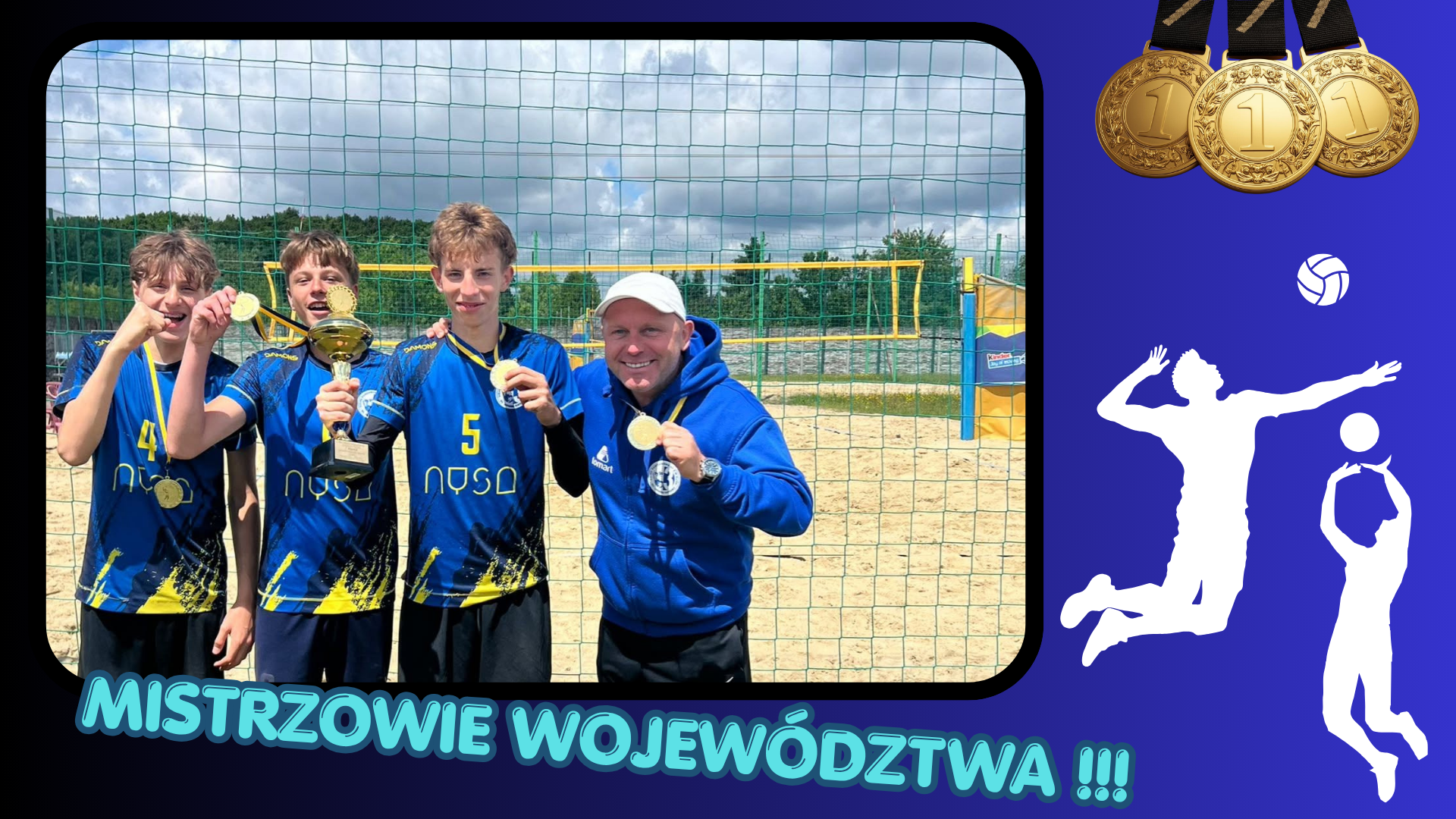 Grafika przedstawiająca uczniów podczas Mistrzostw Województwa Igrzysk Młodzieży Szkolnej w siatkówce plażowej.