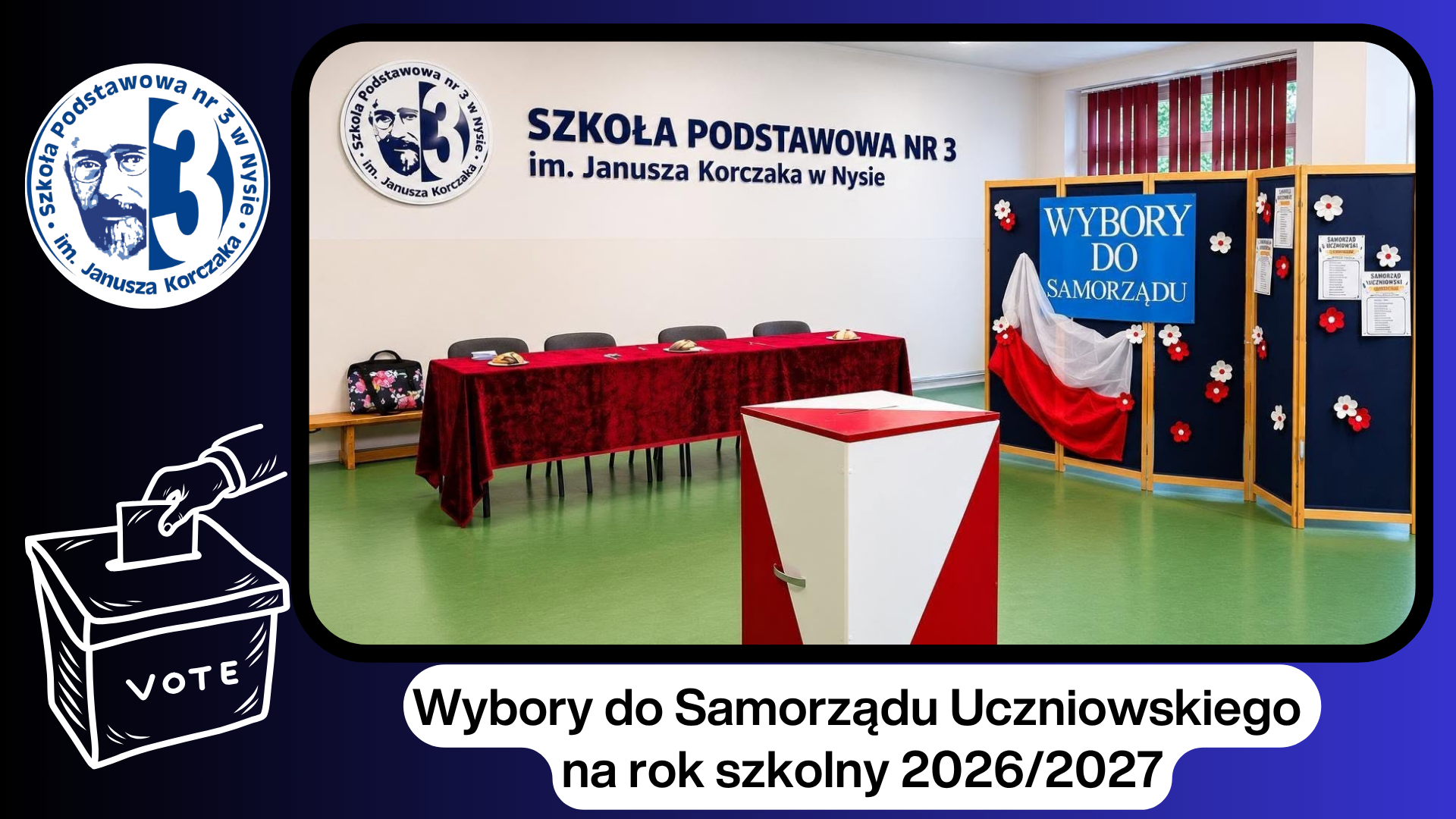Kolaż zdjęć przedstawiający uczniów podczas wyborów do Samorządu Uczniowskiego.