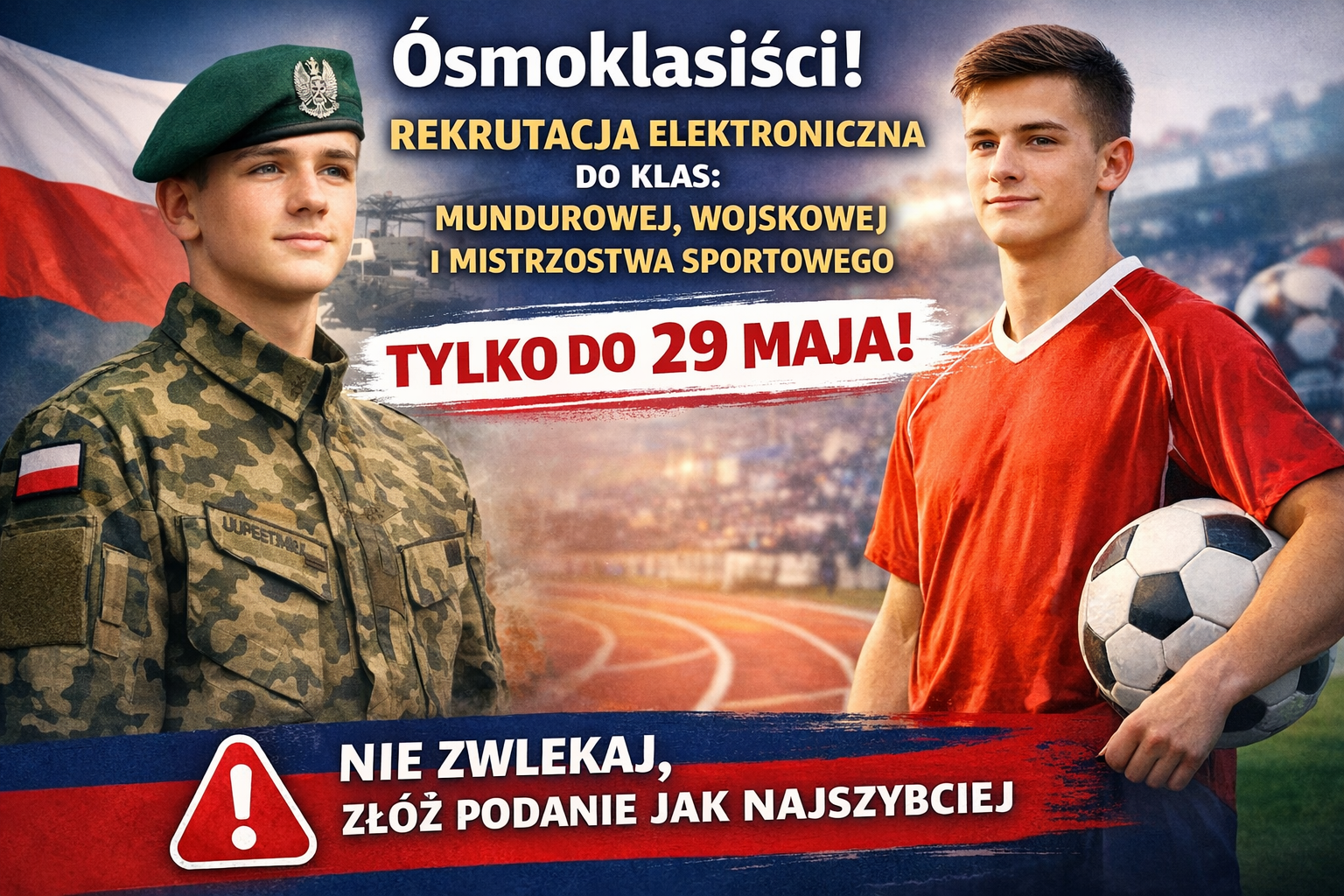 Plakat informujący o terminie rekrutacji do klas mundurowych i sportowych.