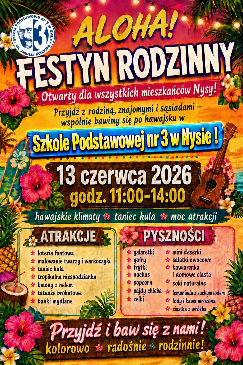 Plakat informujący o Festynie szkolnym, który odbędzie się 13 czerwca 2026 r.