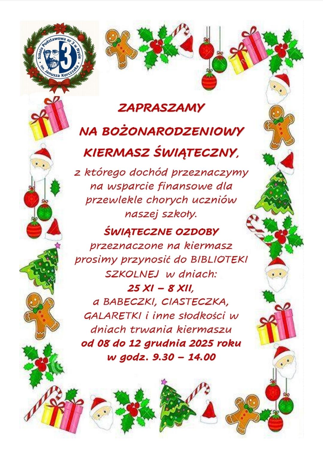 Plakat informujący o bożonarodzeniowym kiermaszu świątecznym.