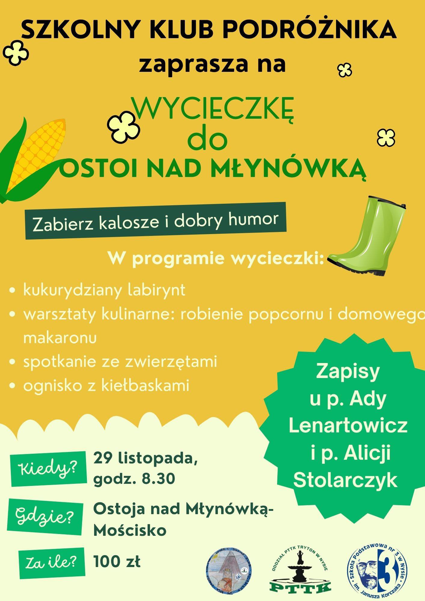 Plakat informujący o wycieczce organizowanej przez szkolny klub podróżnika.