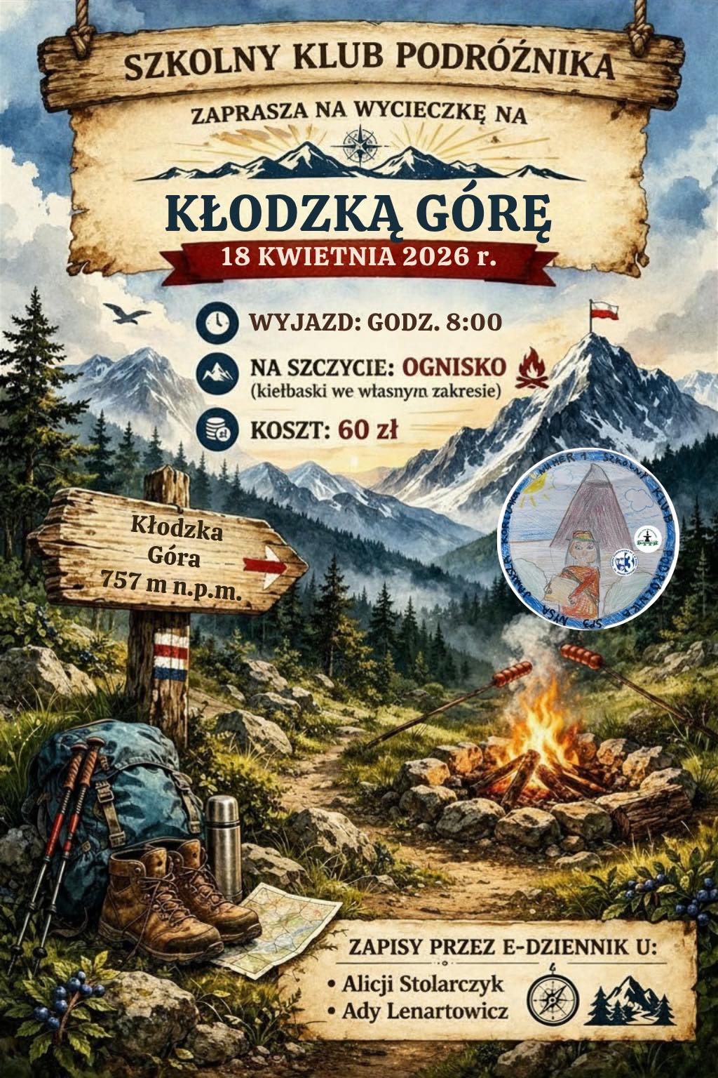 Plakat informujący o wycieczce Szkolnego Klubu Podróżnika na Kłodzką Górę.